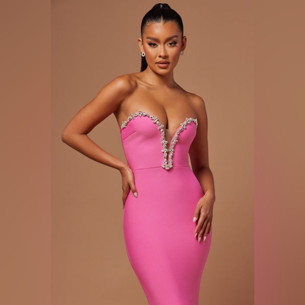 Fashion Nova Odessa Embellished Bandage Gown Pink Strapless Maxi | NWT Size S - Picture 3 of 17